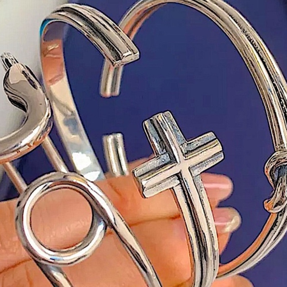 Cross Sterling Silver Bangle Cuff Minimalist Bracelet - Picture 3 of 6